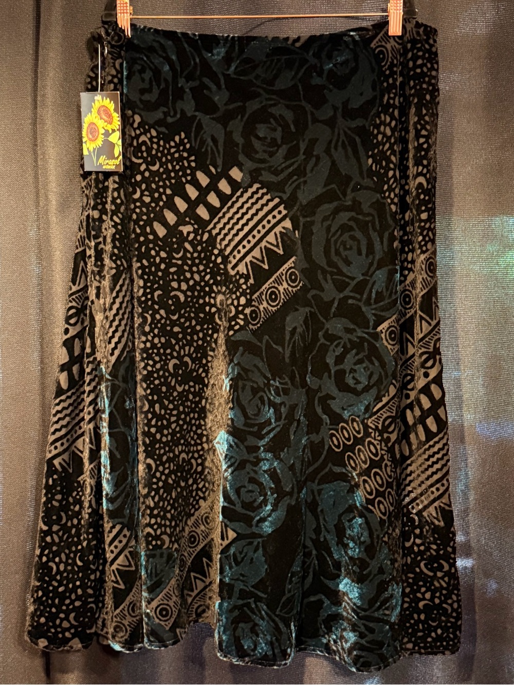 Vintage Y2K Mirasol Woman Black/Teal Floral Burnout Velvet Skirt PLUS SIZE 2X